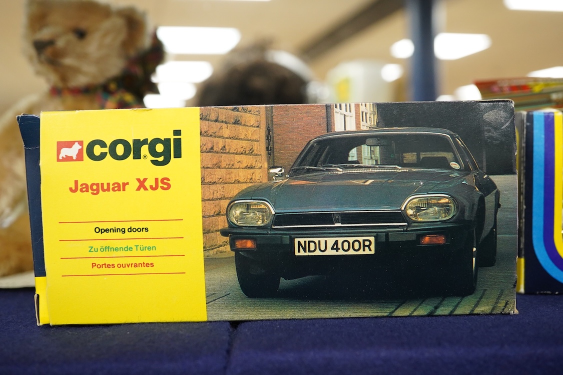 Two boxed 1970s Corgi Toys; a James Bond Aston Martin (261) in silver with passenger, together with a Jaguar XJS (319) in metallic red